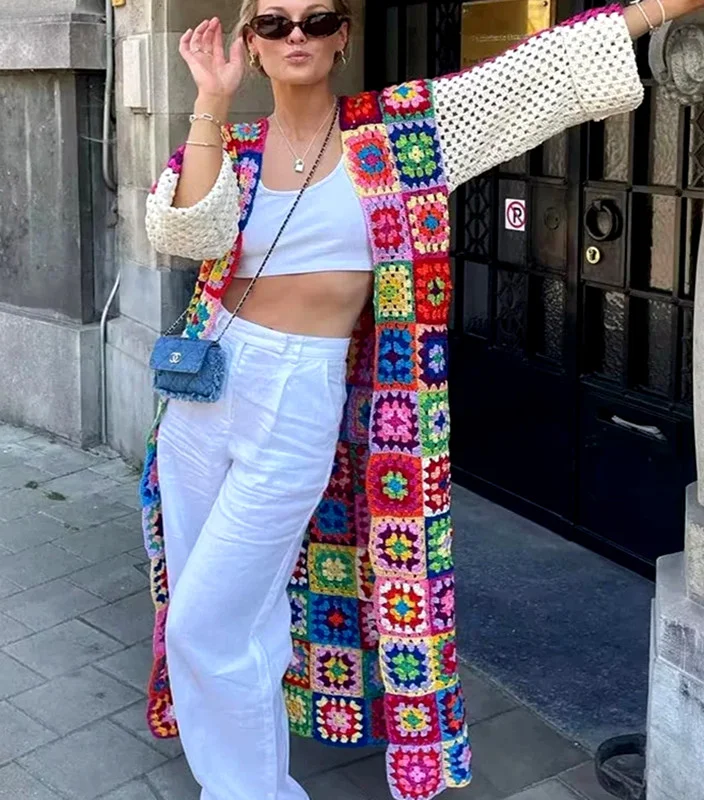 Loose-fitting Handmade Plaid Long Knitted Cardigan