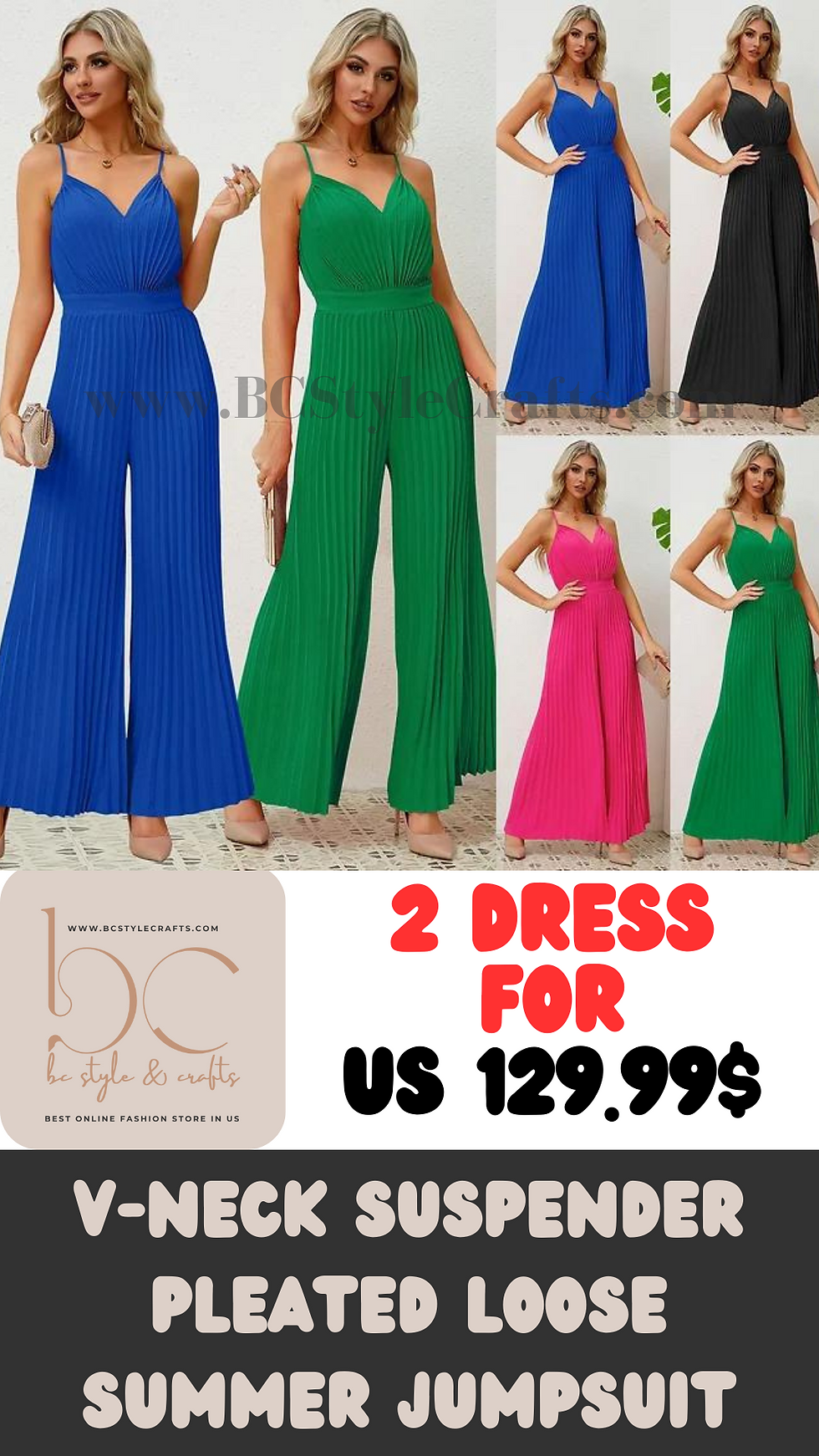 Thumbnail: V-Neck Pleated Wide-Leg Jumpsuit