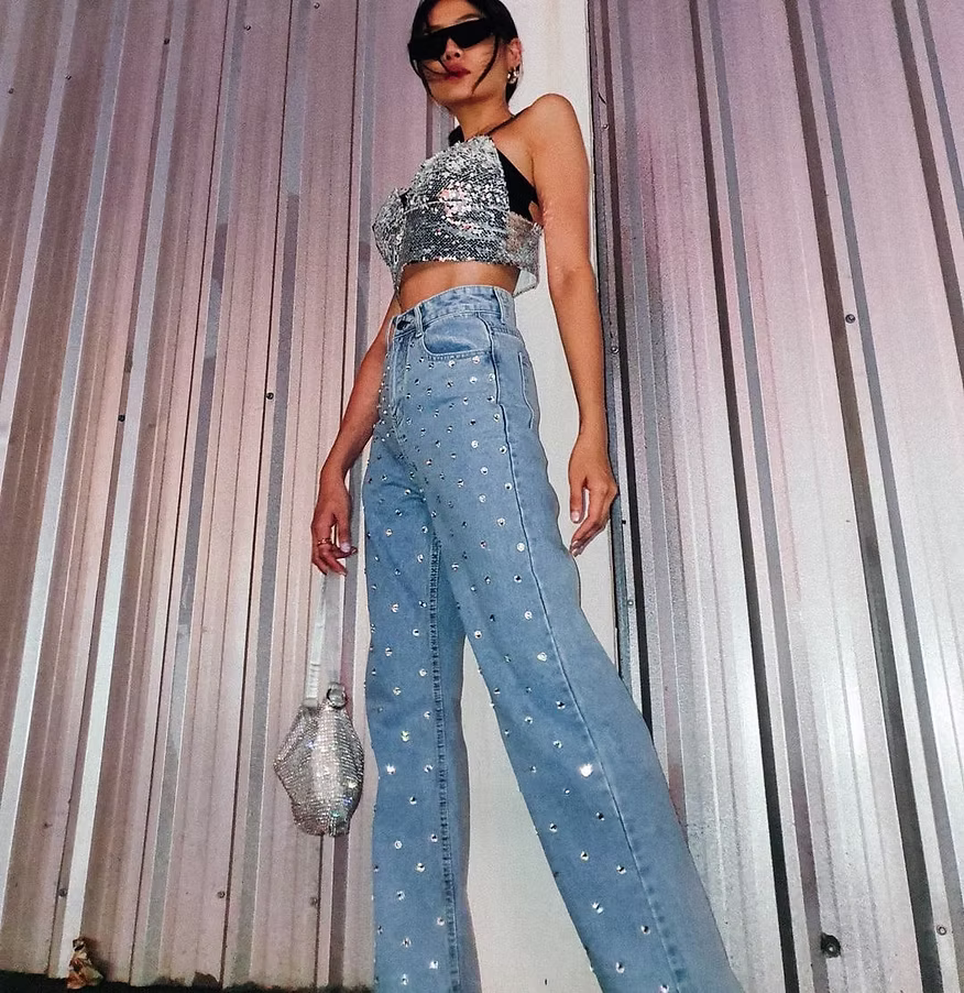 The Riviera Starlight – Wide Leg Rhinestone Structural Denim Pants