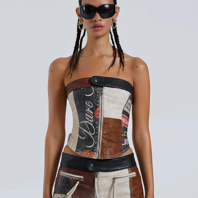 Neovision Exhile Whipstitch PU Corset Top Brown