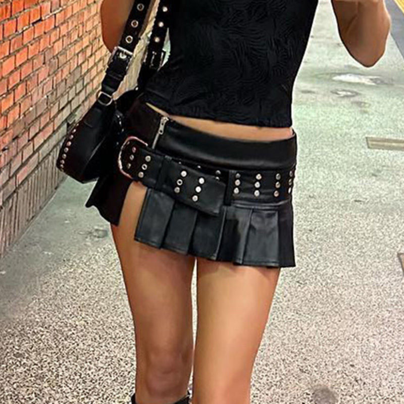 Thumbnail: The Neo-Rebel Sovereign – Rivet Wide Belt Low-Waist Leather Mini Skirt
