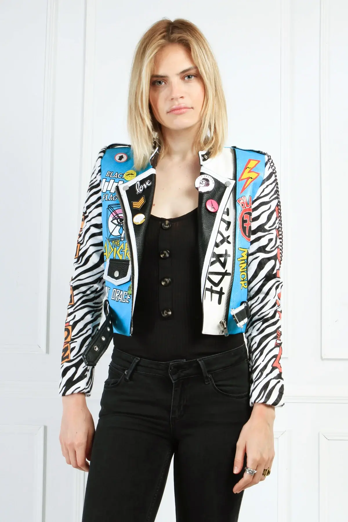 Blue Printed Leather Jacket