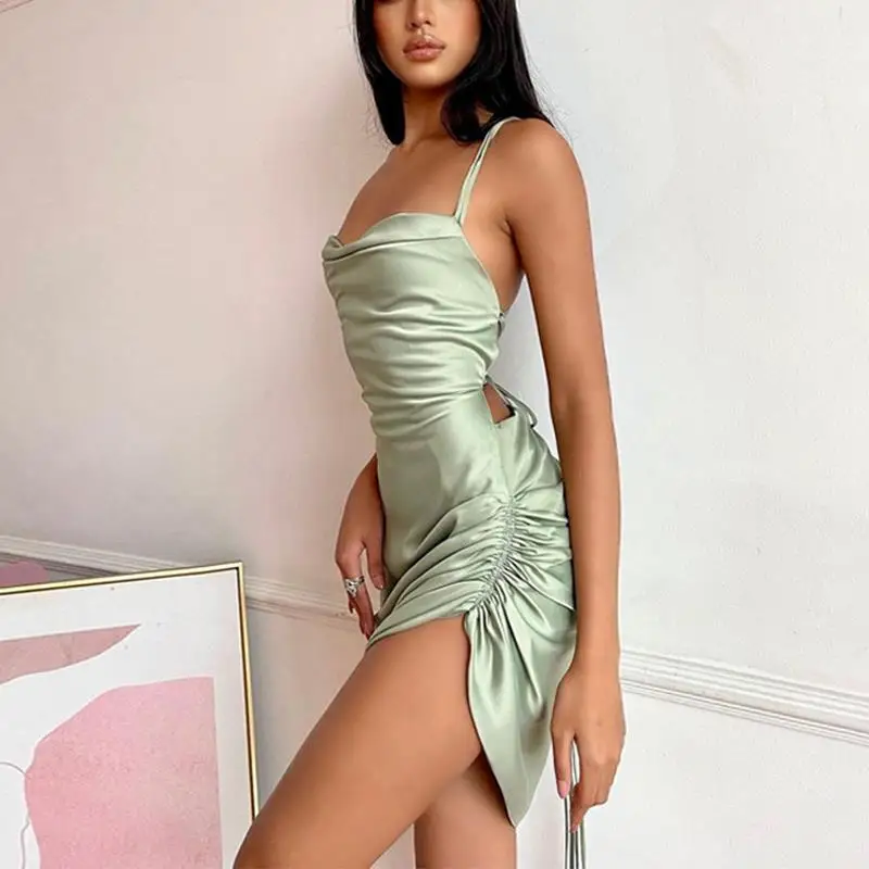 Satin ruched spaghetti strap mini prom dress, a chic and elegant option for prom night