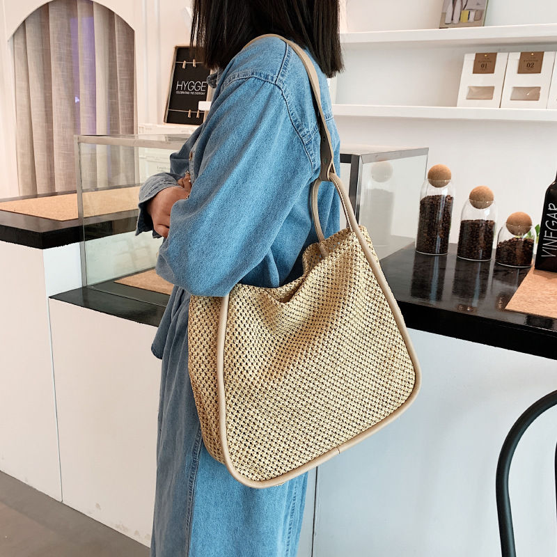 Contrast-Braid Woven Summer Buckle Tote