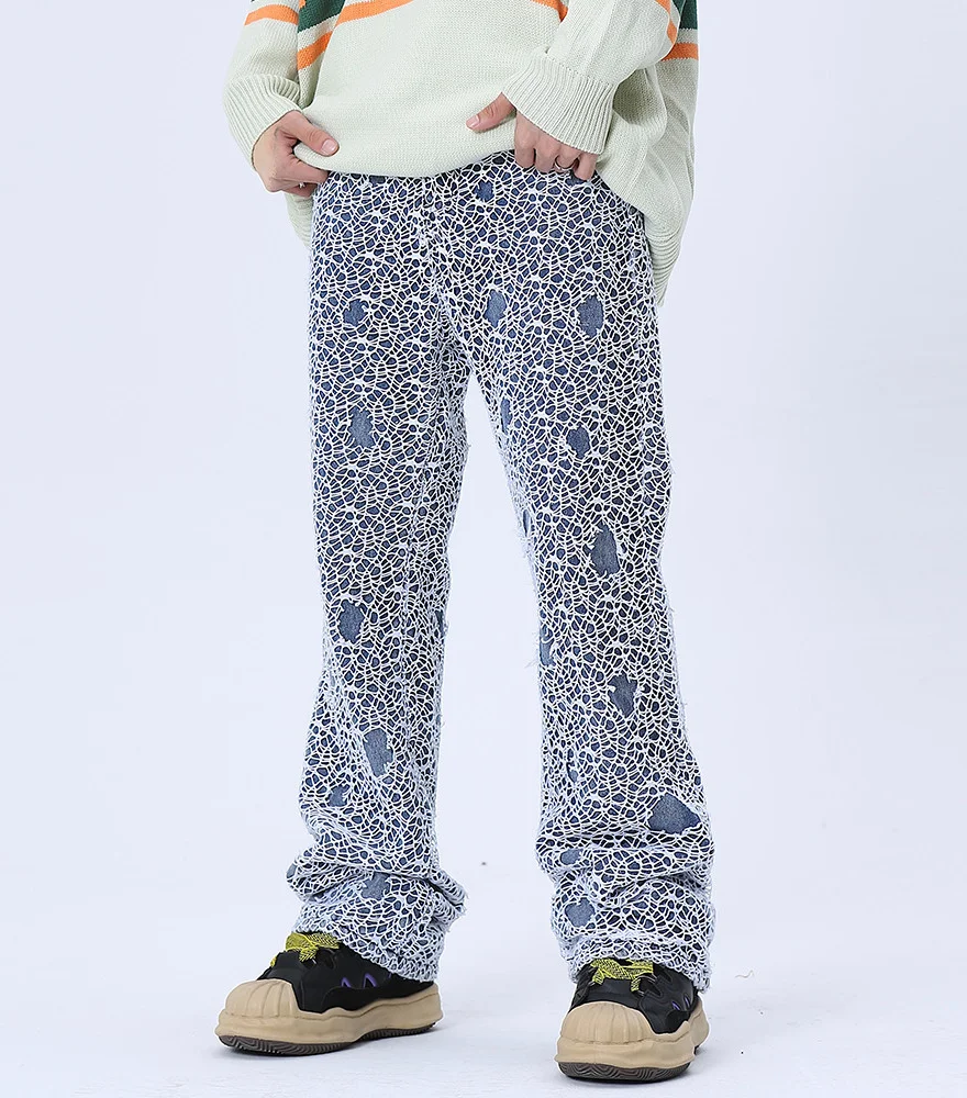 Ripped Hole Mesh Gothic Blue Jeans - Embrace edgy style with these gothic-inspired blue jeans featuring ripped detailing and mesh accents for a bold and unique look.