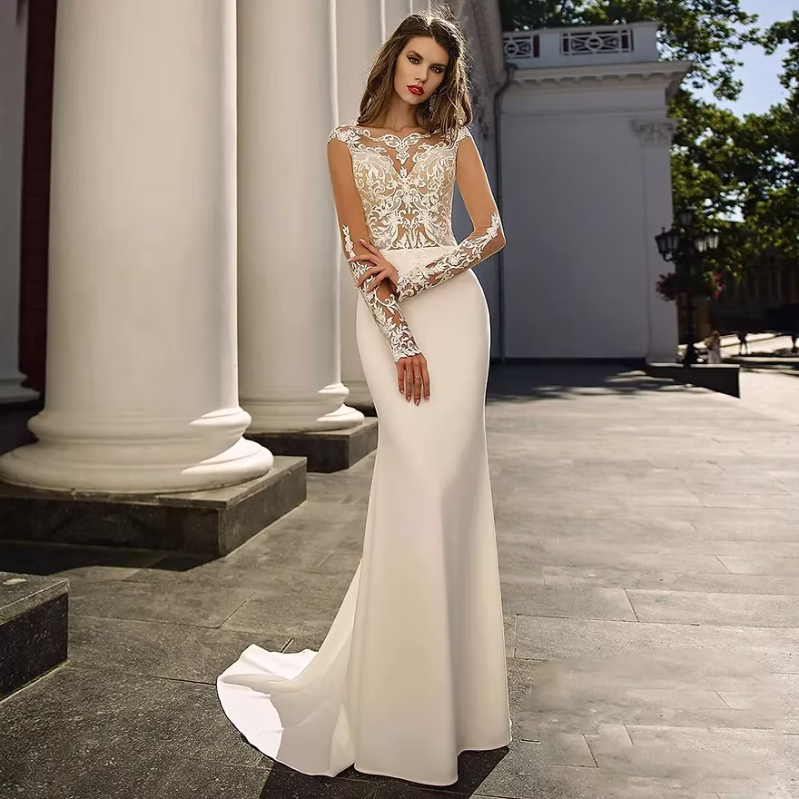 Boho Satin Lace Long Sleeve Mermaid Gown