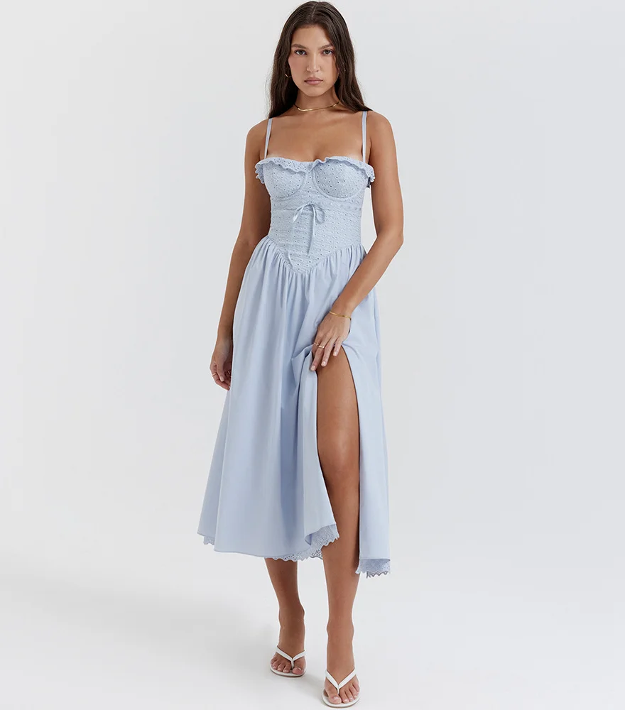 Hand-crocheted A-Line Dress with Spaghetti Straps - Breezy summer style in blue. Perfect Summer dress for Women..