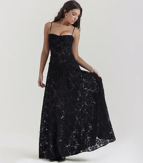 Floral Lace Spaghetti Strap Maxi Dress - Beautiful Lace Maxi Dress with Floral Design and Spaghetti Straps, Ideal for Summer Weddings and Beach Parties