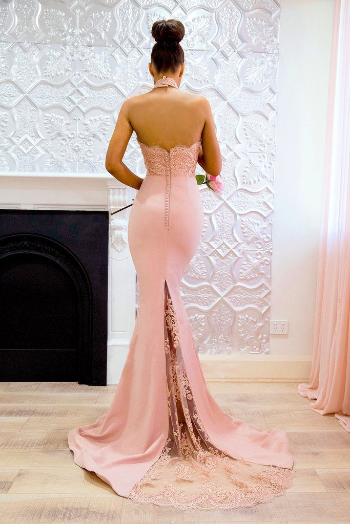 Thumbnail: Pink Floral Lace Halter Evening Dress