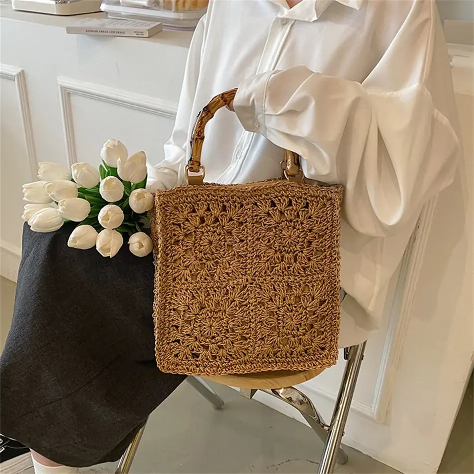 Thumbnail: Square Hollow-Out Bamboo-Handle Straw Bag
