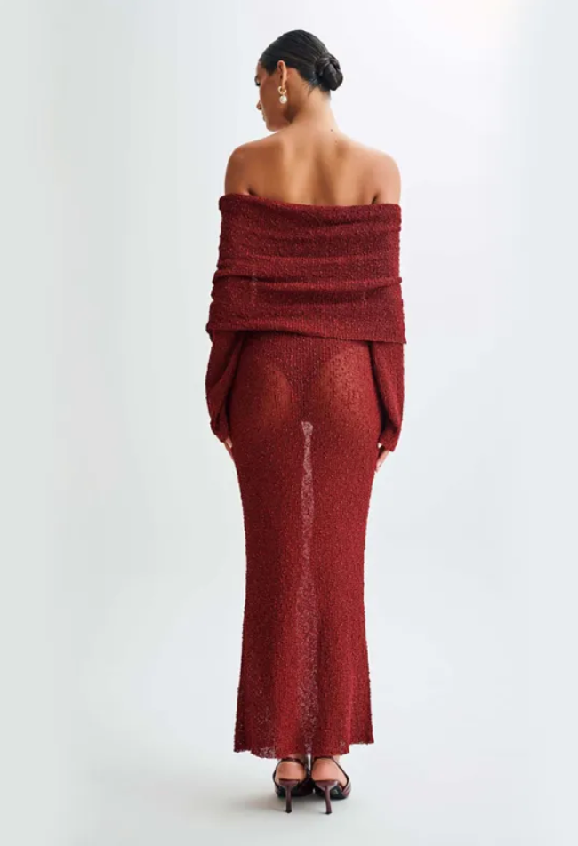 Thumbnail: Off-Shoulder Knit Hollow Out Maxi Dress