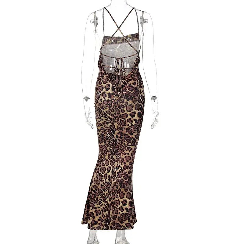 Thumbnail: Leopard Print Backless Cross Tie-Up Dress