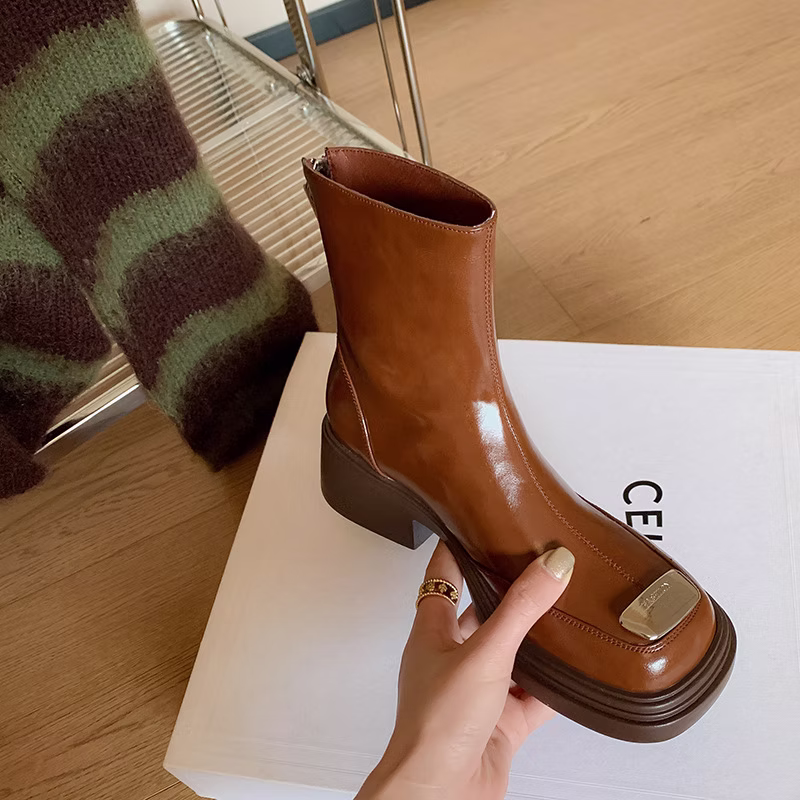Square Toe Vintage Chunky Heel Boots