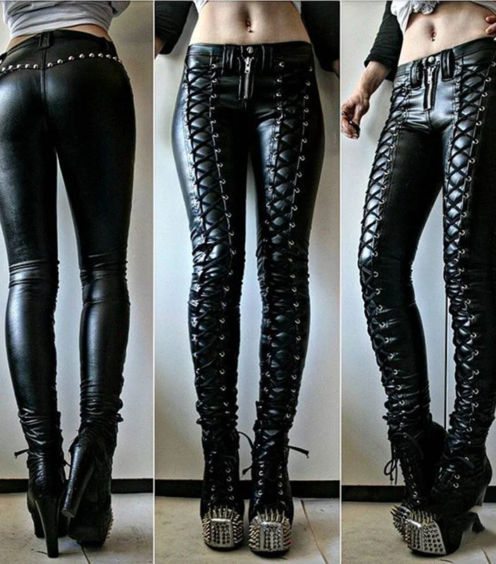 Edgy Elegance: Solid Color Lace-up Vegan Leather Pants - Elevate your casual chic look with these trendy lace-up vegan leather pants. 🔥👖