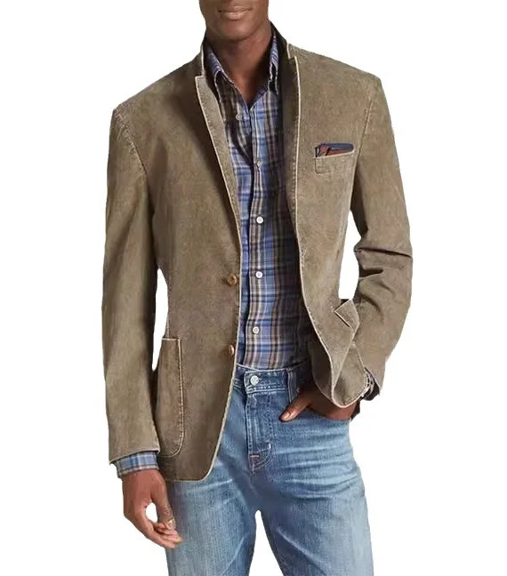 Plain Khaki Double Button Pocket Denim Suit Jacket - Elevate your style with this versatile denim suit jacket featuring double buttons and multiple pockets