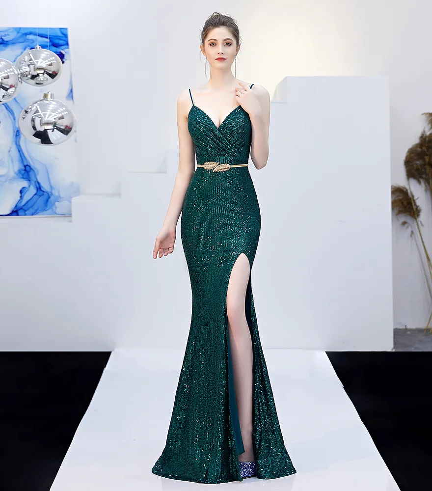Sequined long mermaid prom dress, shimmering and stylish for a glamorous prom night.