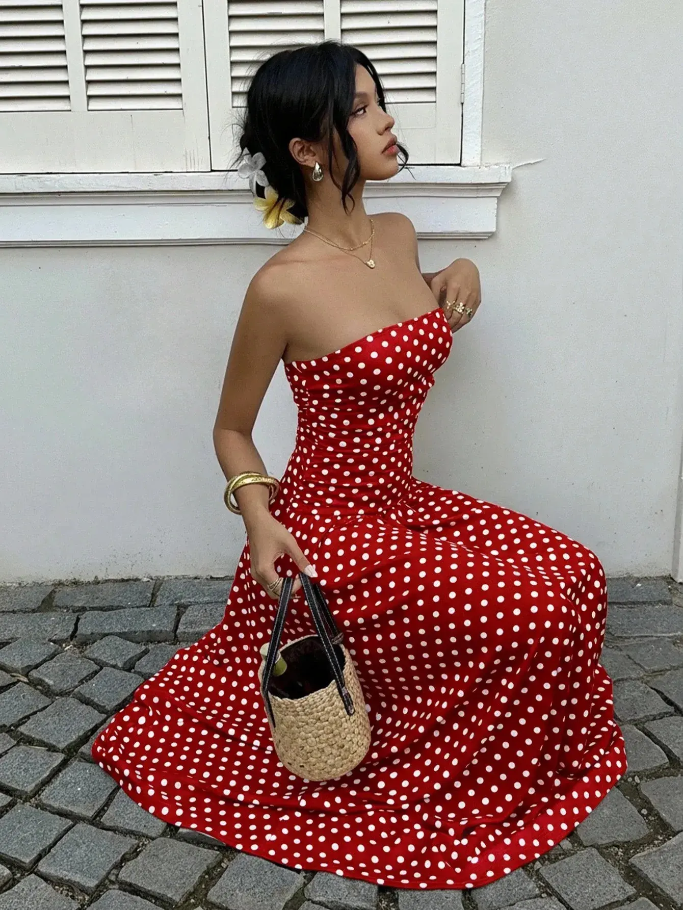 Polka Dot Ruffle Hem Strapless Maxi Dress