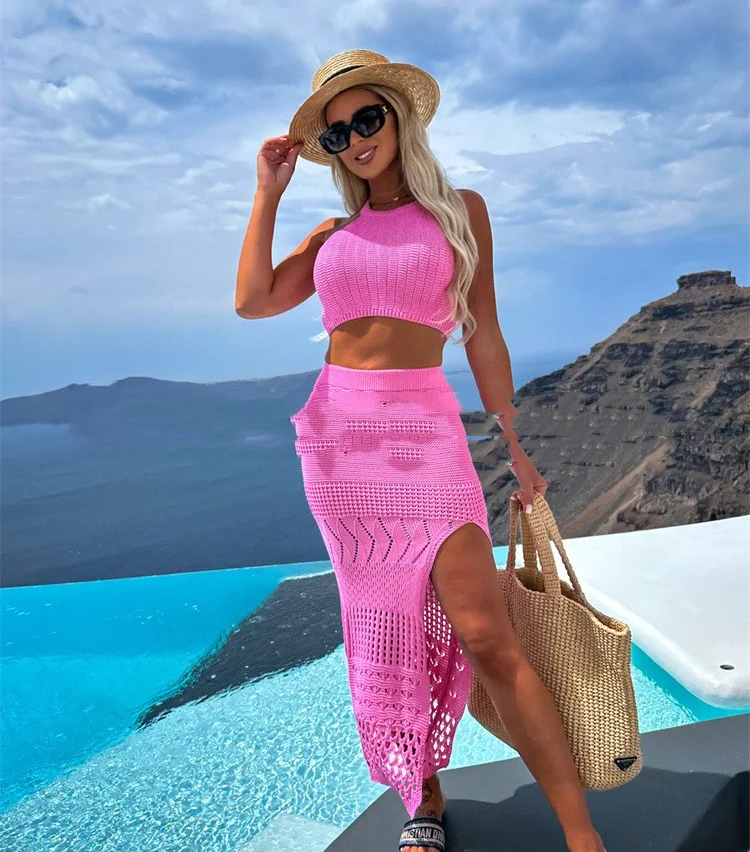 A fashionable split hem slim fit midi dress, ideal for a chic summer look. Elevate your style with this elegant and trendy outfit