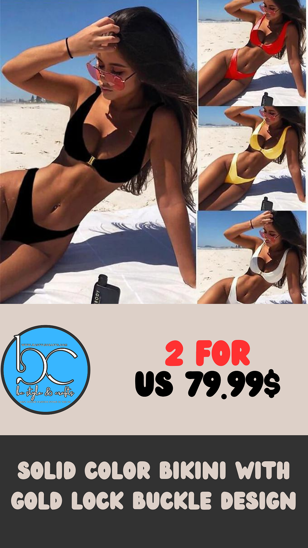 The Gilded Glamour: Solid Color Bikini with Gold Lock Buckle Design