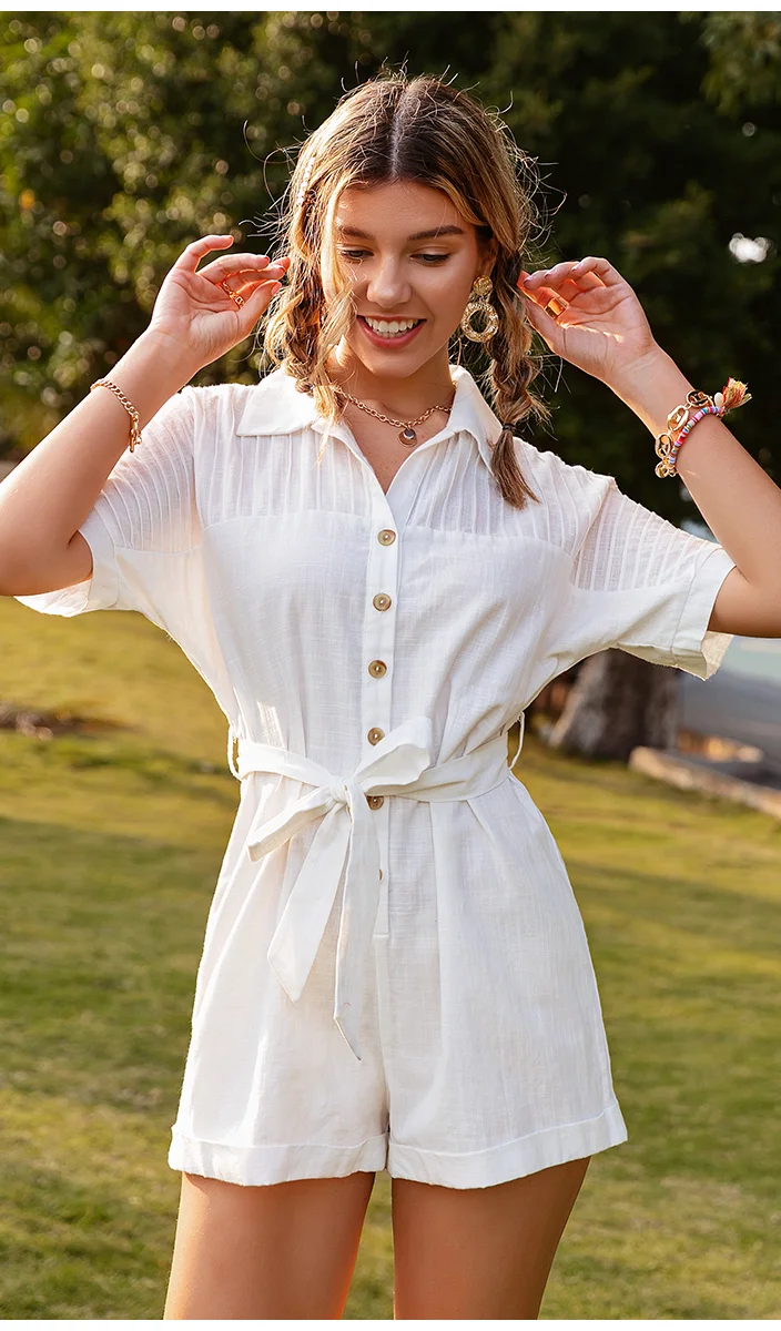 Short-sleeved Lapel Tie Jumpsuit - Stylish Jumpsuit with Short Sleeves, Lapel Collar, and Tie Waist Detail, Perfect for a Chic and Trendy Look