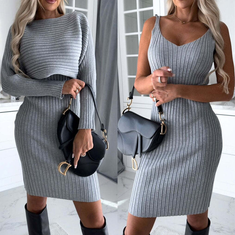 Knit Long-sleeved Top and Suspender Dress Set