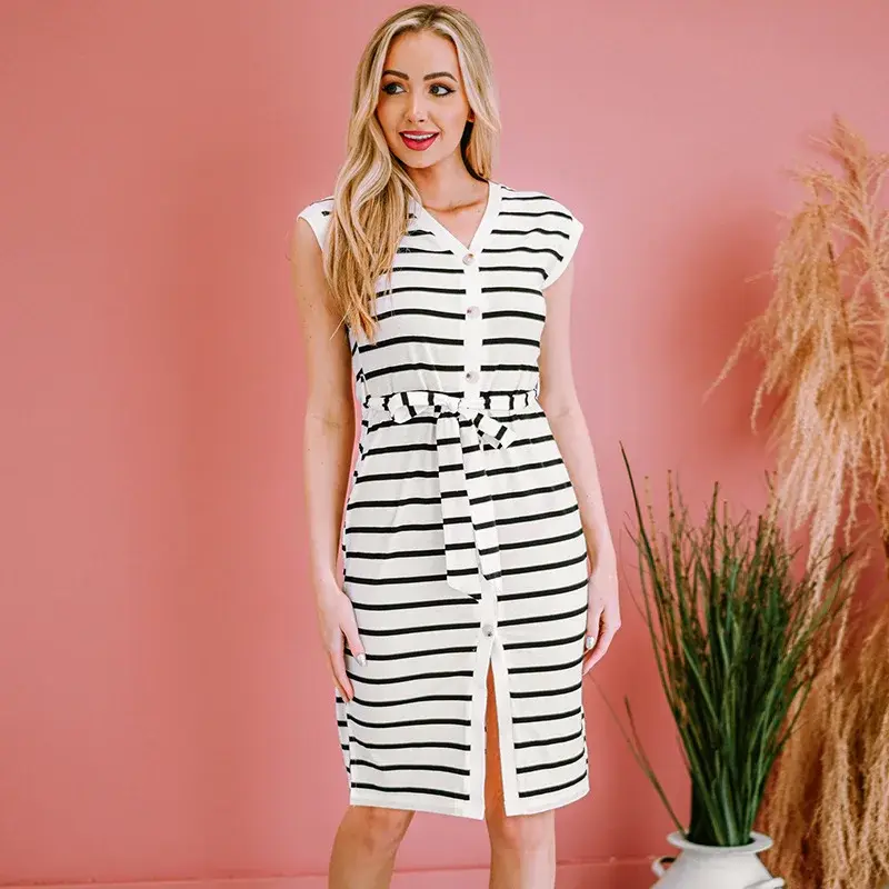L’Aube Classique – Striped Button Slit Tie V-neck Mid-Length Dress Performance
