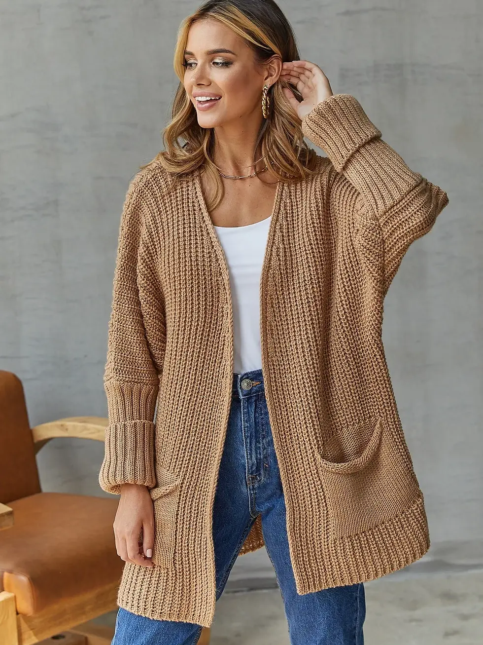 Thumbnail: Loose Knitted Mid-Length Cardigan