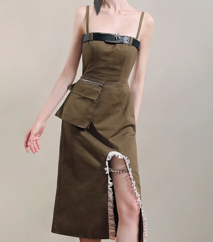 Military Chic with a Touch of Summer: Vintage Charm Denim Army Green Sling Dress offers a fresh twist on denim. The flattering sling silhouette and cool army green color create a chic and comfy look, perfect for warm weather.