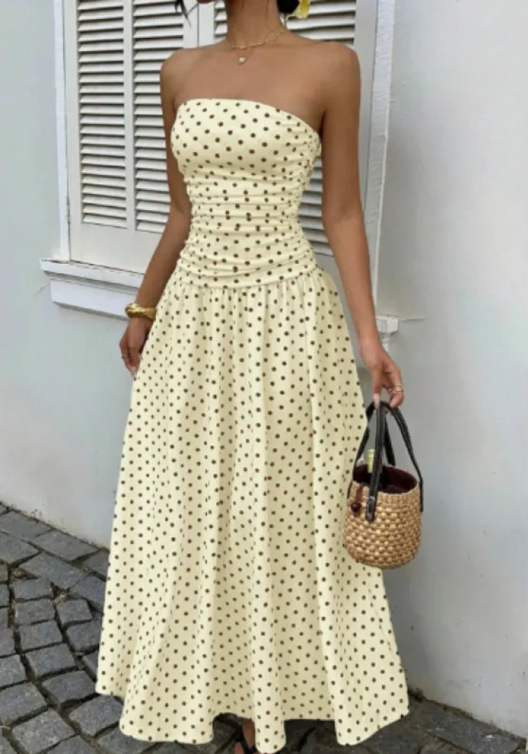 Thumbnail: Polka Dot Ruffle Hem Strapless Maxi Dress