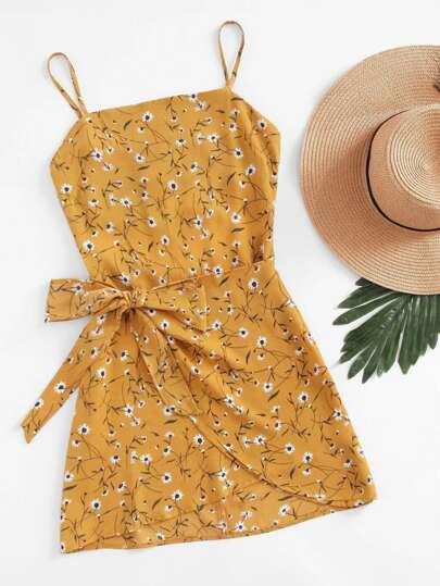 Thumbnail: Bohemian Floral Print Spaghetti Strap Mini Dress