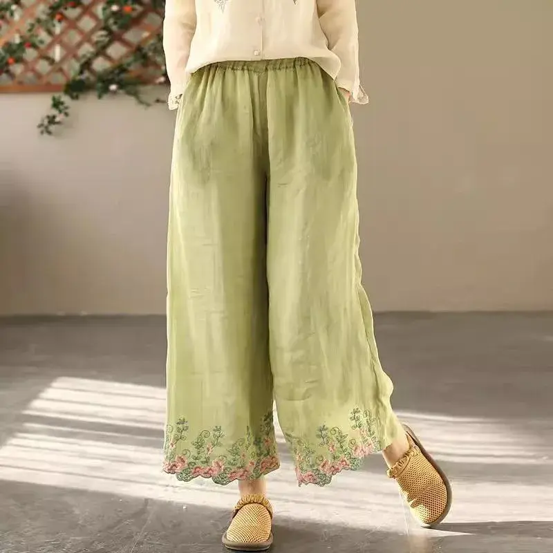 Thumbnail: Retro Japanese Style Embroidered Cotton-Linen Pants