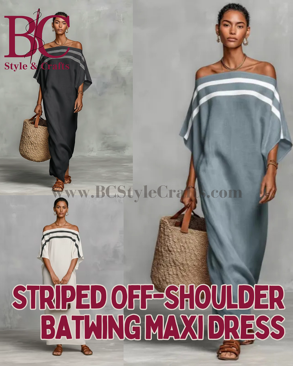 Thumbnail: Striped Off-Shoulder Batwing Maxi Dress