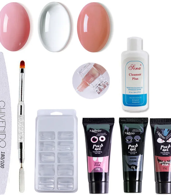 A crystal clear nail extension kit, ideal for creating long-lasting and natural-looking nail extensions at home or in a salon