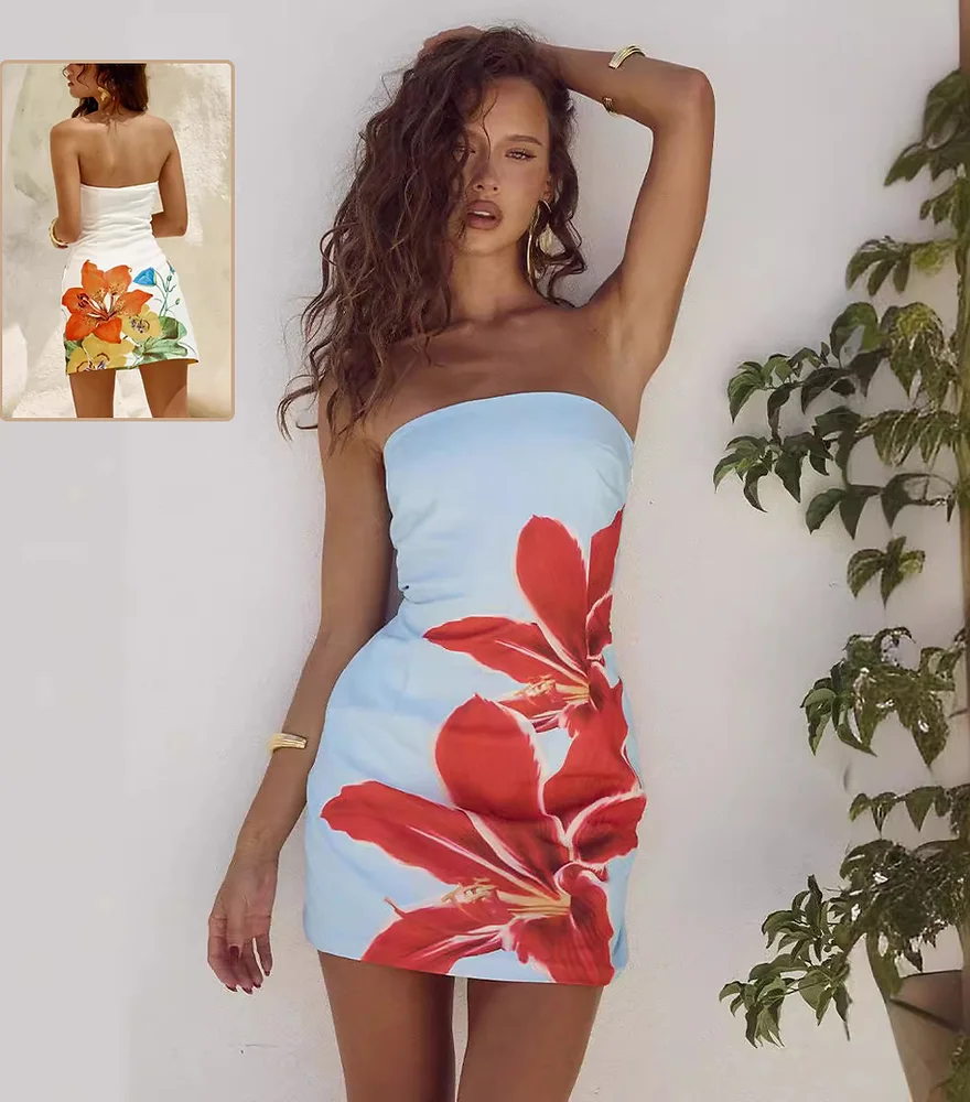 Floral print tube top sheath mini dress, featuring a vibrant and elegant design. Ideal for summer events, this chic dress offers a flattering silhouette and a stylish look