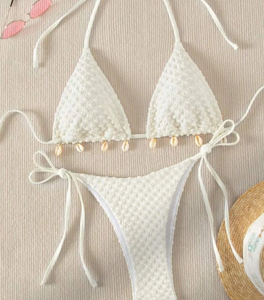 Shell Beaded Halter Push Up Micro Bikini Tie Side Thong - Stylish Micro Bikini with Shell Bead Embellishments, Halter Top, Push-Up Cups, and Tie-Side Thong Bottom, Perfect for a Sexy Beach Look