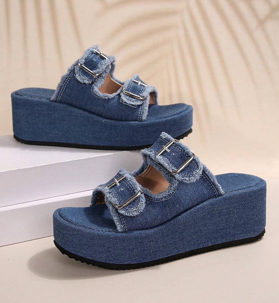 Thumbnail: The Denim Dynamic – Fashion Denim Buckle Wedge Platform Sandals