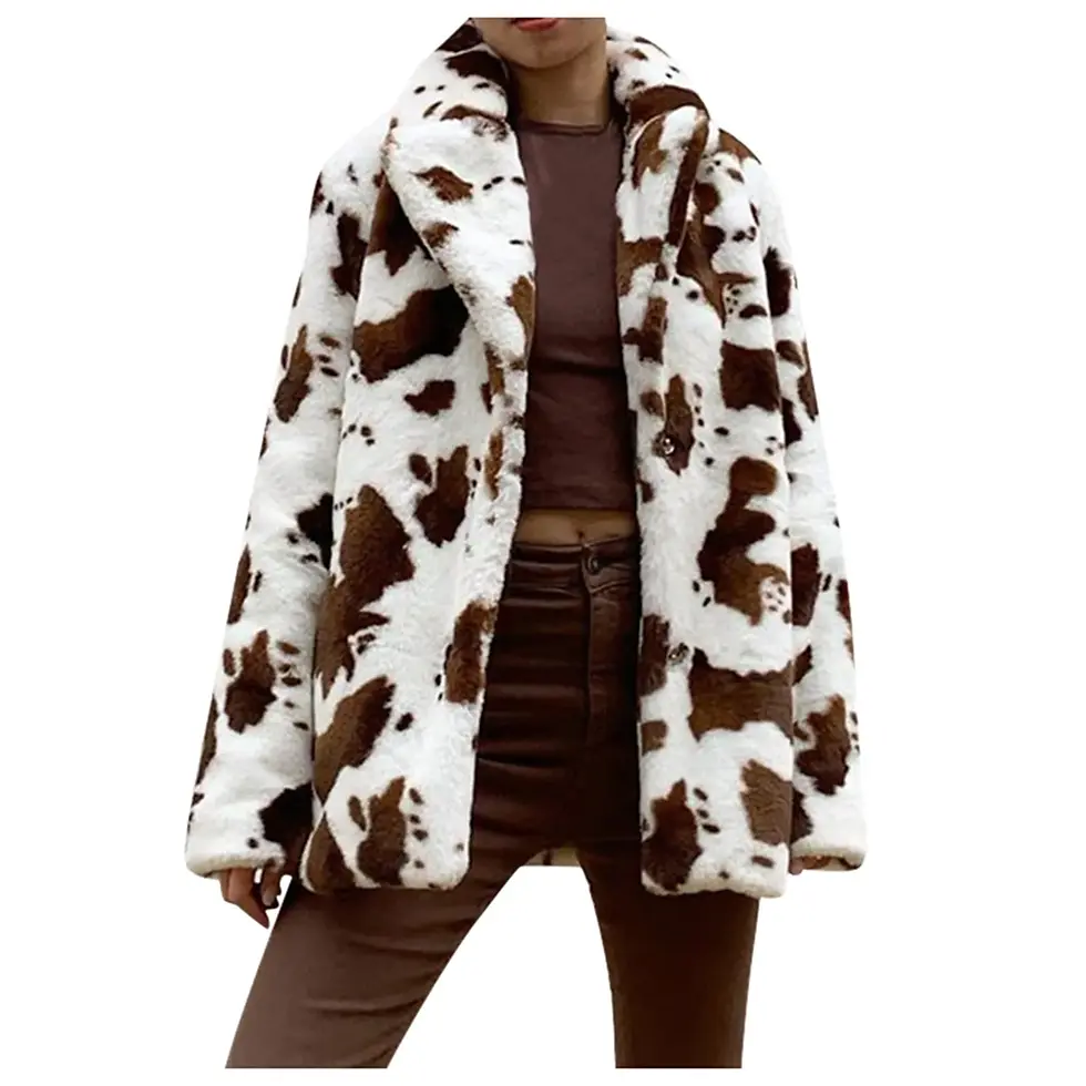 Thumbnail: Cow Pattern Rabbit Fur Loose Jacket