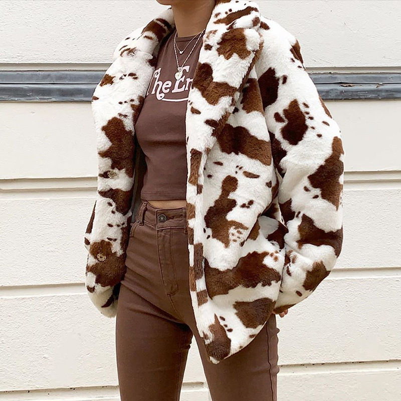 Thumbnail: Cow Pattern Rabbit Fur Loose Jacket