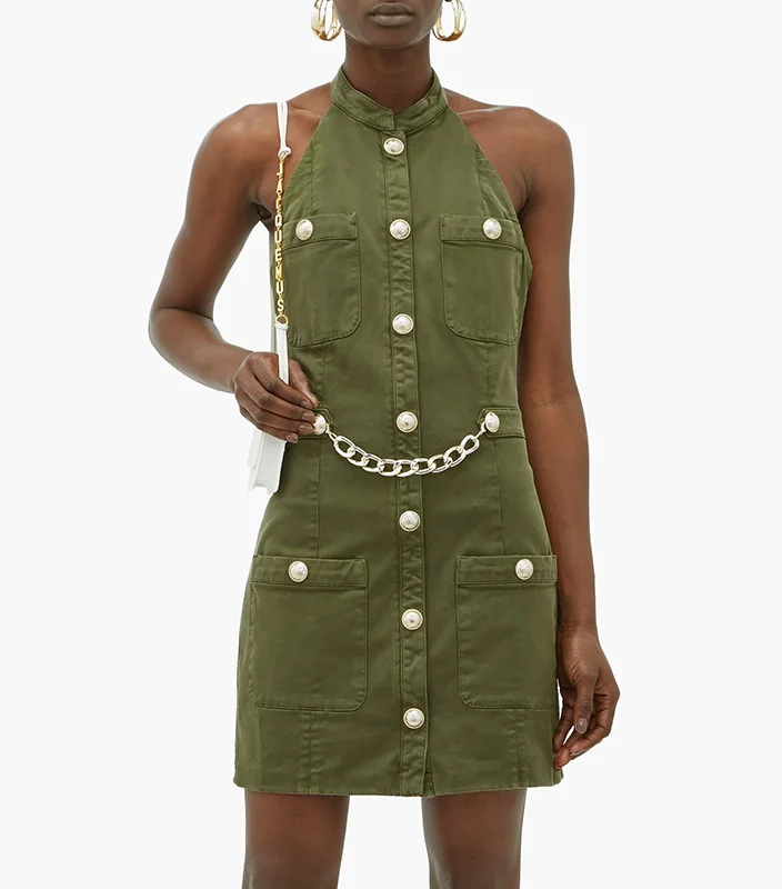 Cotton summer dress with chain - Cool and comfortable green cotton dress with a halter neck, a daring open back, and an eye-catching chain detail.