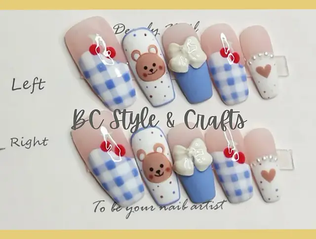 Embrace whimsical charm with this hand-painted checkered cherry bear nail set from BC Style & Crafts. Unique nail art for a playful look!