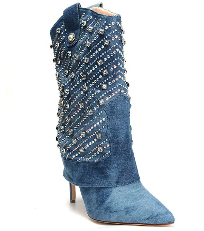Step into glamour with BC Style & Crafts Pointed Toe Stiletto Rhinestone Denim Boots. Elevate your footwear collection. Shop now for a touch of sparkle and style!