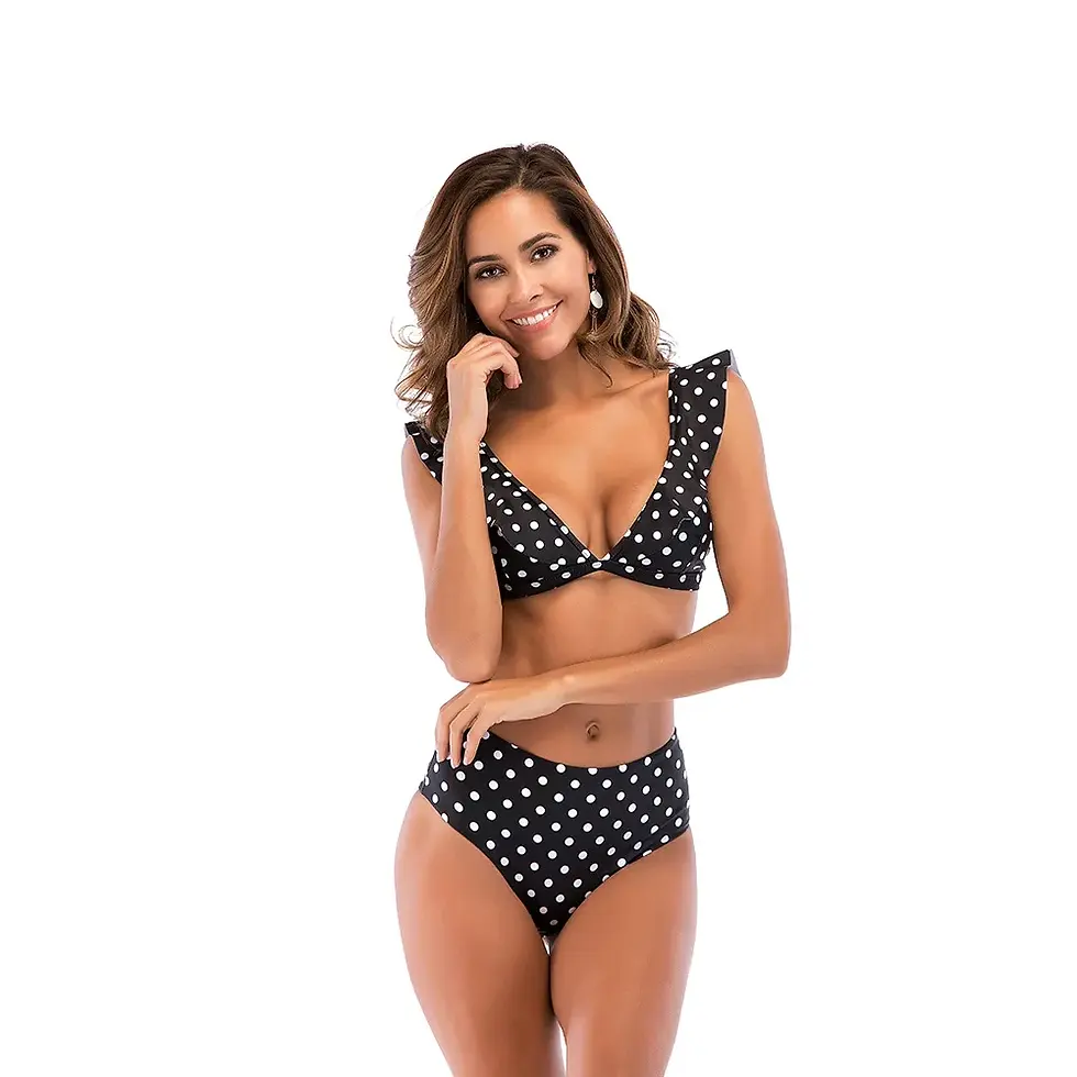 Thumbnail: The Dotted Devotion: Ruffled Deep V-neck Polka Dot Bikini Set