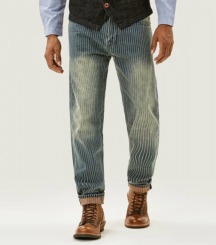 Retro Loose Striped Jeans - Embrace a vintage look with these loose-fitting jeans featuring stylish stripes, a perfect blend of classic and trendy.