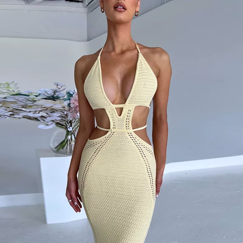 Halter Chest Wrap Hollow Out Lace-Up Dress