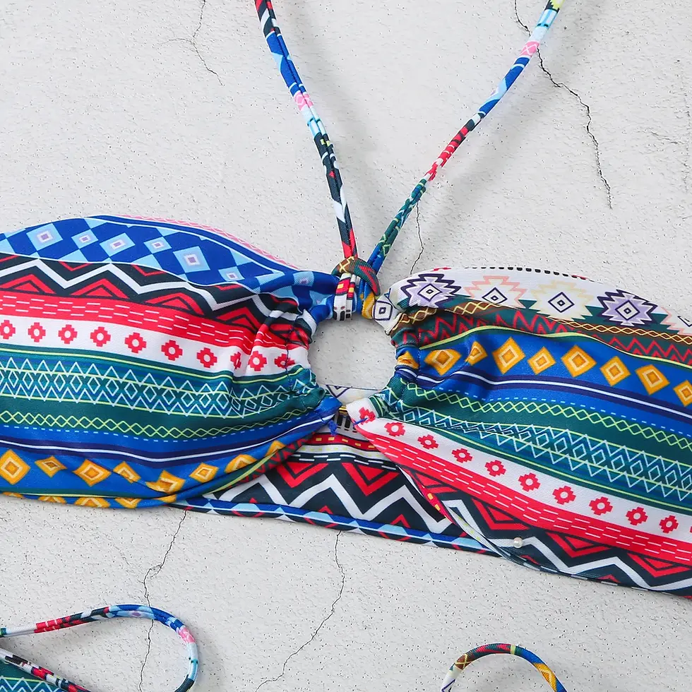 Thumbnail: The Geometric Glow: Retro Printed Halter Strappy Split Bikini