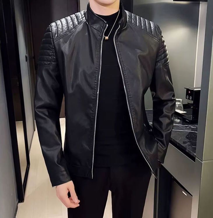 Thumbnail: The Parisian Profile – French Stand Collar Leather Jacket