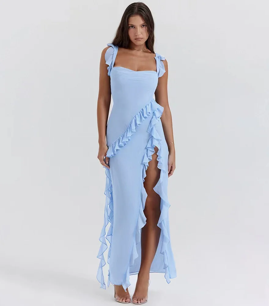 Elegant maxi dress with cascading ruffles and a high side slit, perfect for a touch of glamour and drama at evening events or formal occasions.  pen_spark