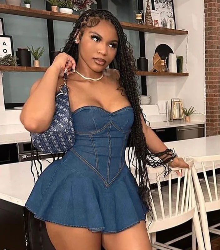 Chic denim wrap mini dress with a flattering silhouette and stylish wrap design. Perfect for a trendy, casual look, this dress combines comfort with modern fashion