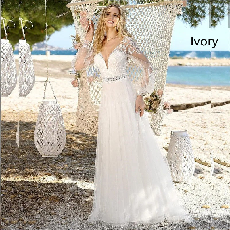 Thumbnail: Deep V-Neck Lace A-Line Bridal Gown
