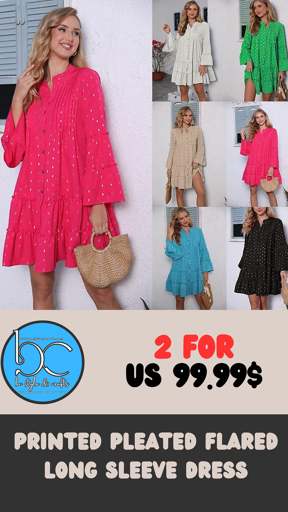 Thumbnail: Printed Pleated Flared Long Sleeve Dress